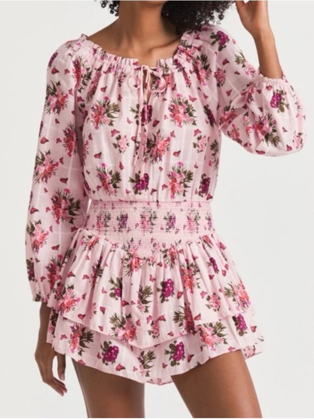 Loveshackfancy new Pink Floral Smocked Waist Tiered Mini Dress Netra